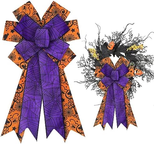 Burlap Purple Spider Wreath Bow for Halloween Decor - Spider Web Orange Bows for Front Door, Indoor/Outdoor Wall & Tree Topper Decoration Supplies by Hying