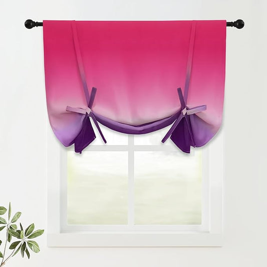 COSVIYA 100% Blackout Purple and Pink Adjustable Tie Up Curtains for Kitchen Thermal Insulated Room Darkening Valance Rod Pocket Balloon Roman Shade for Small Window,48" L x 34" W, 1 Panel