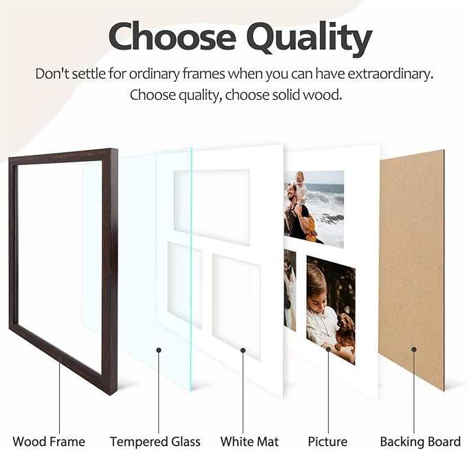 11x14 Dark Brown Wood Picture Frame - White Mat for 5x7 and 4x6 Photos - Real Glass, Sawtooth Hanger, Swivel Tabs - Wall Mounting - Great for Posters, Weddings, and Engagements