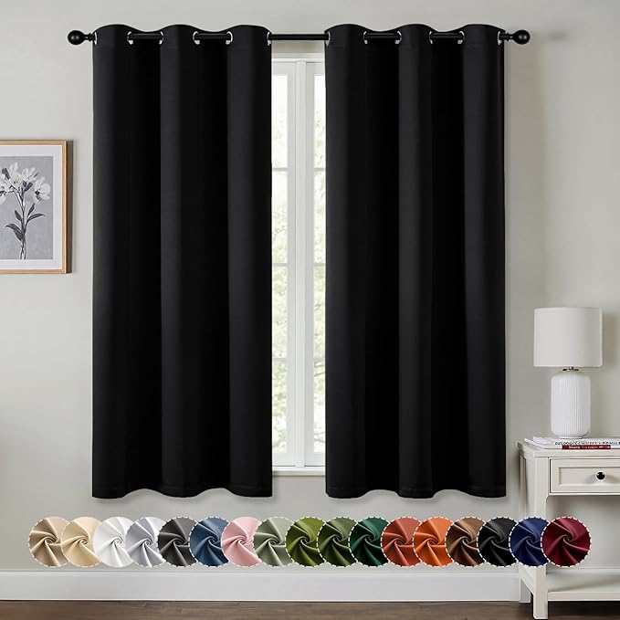 MIULEE Black Blackout Curtains for Bedroom Living Room 64 Inches Long 2 Panels, Thermal Insulated Room Darkening Drapes Grommet Noise Reducing Light Blocking Window Treatments 40x64 Inch