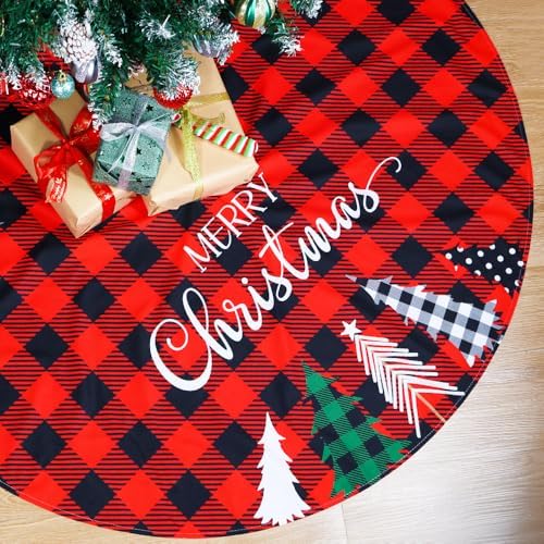 Multiwins Christmas Tree Skirt 48 Inch Red Rustic Xmas Tree Skirt with Christmas Tree, Black Red Buffalo Plaid Christmas Tree Skirt Ornaments for Merry Christmas Holiday Party Decorations Indoor by multiwins