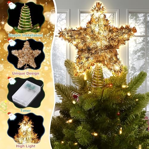 LAWOHO Christmas Tree Topper Star, Vintage Christmas Decor, 10 Inch Shiny Golden Christmas Tree Decoration with 6H Timer, 50 Warm LED Lights for Xmas Tree, Holiday & Party, Indoor Decor - Image 2