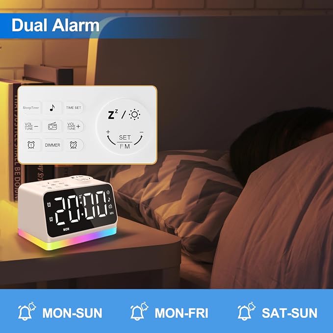 JALL Digital Alarm Clock with FM Radio for Bedroom, 8 Colors Night Light with Charging Port, Sleep Sound Machines with Timer, Dual Alarm (White with White Font) - Image 6