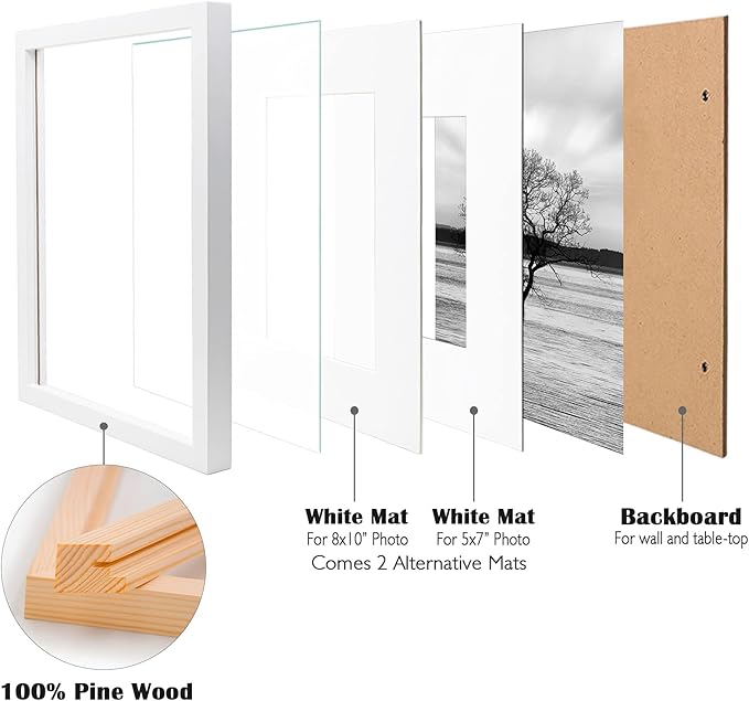 Egofine 11x14 Picture Frames Made of Solid Wood 2 PCS White Covered by Plexiglass - for Table Top and Wall Mounting for Pictures 8x10 or 5x7 with Mat Horizontally or Vertically Display Photo Frame