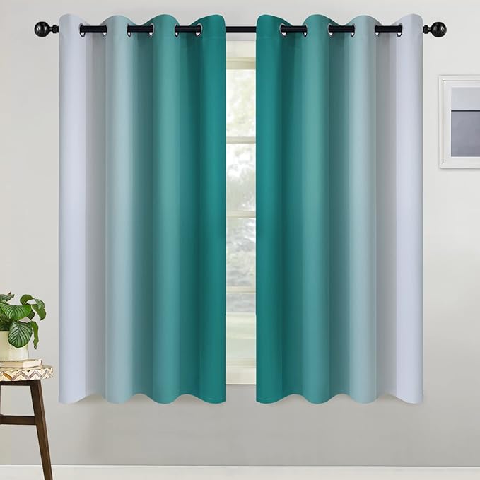 COSVIYA Blackout Curtains & Drapes Ombre Teal Curtains 54 inch Length 2 Panels for Bedroom, Grommet Room Darkening Light Blocking Insulated Thermal Small Window Curtains for Living Room,52x54 inches