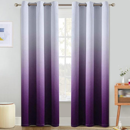 COSVIYA Grommet Ombre Room Darkening Curtains 84 inch Long, Gradient Drapes Purple and Grayish White Light Blocking Insulated Thermal Window Curtains for Bedroom/Living Room,2 Panels,42x84 inches