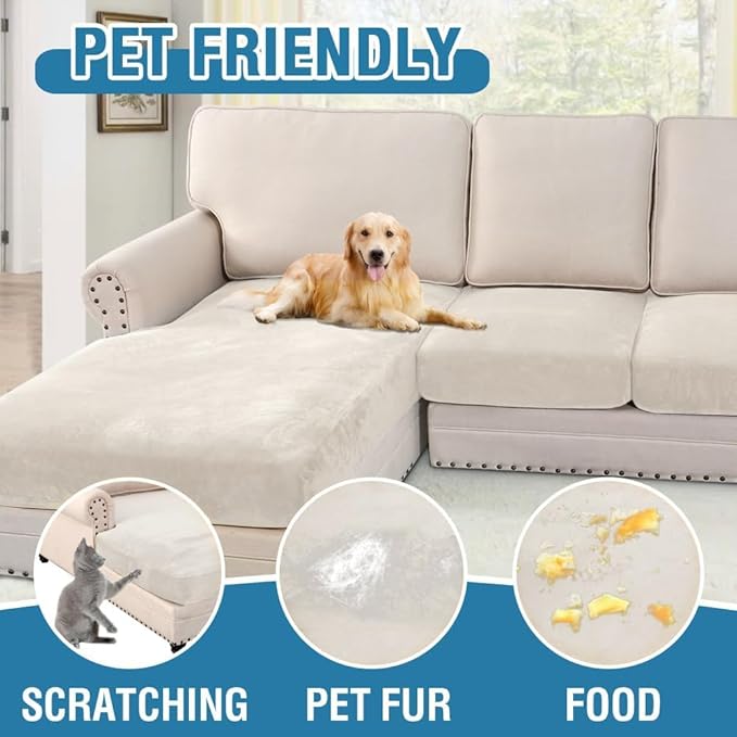 H.VERSAILTEX Velvet Stretch Sectional Couch Covers 4 Pieces Sofa Seat Cushion Covers L Shape Separate Cushion Couch Cover for Left/Right Sectional Couch(Large Sofa 3 Seater + 1 Chaise,Porcelain White)
