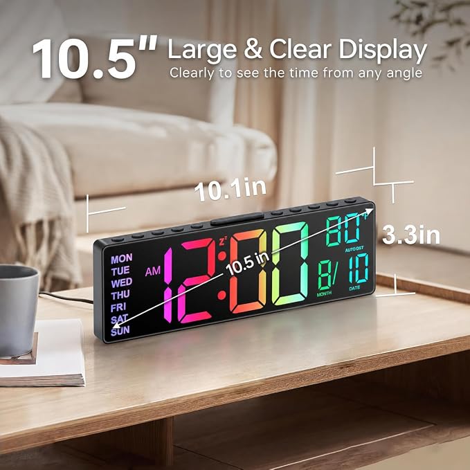 JALL 10.5'' Large Digital Alarm Clock with Big LED Number for School Classroom, Remote Control, RGB Colors,Timer, Dual Alarm, Temperature for Bedroom, Living Room, Gift for Senior Student Teacher - Image 3