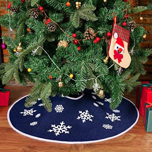 30 Inch Burlap Christmas Tree Skirt with White Snowflakes, Dark Blue - Image 4