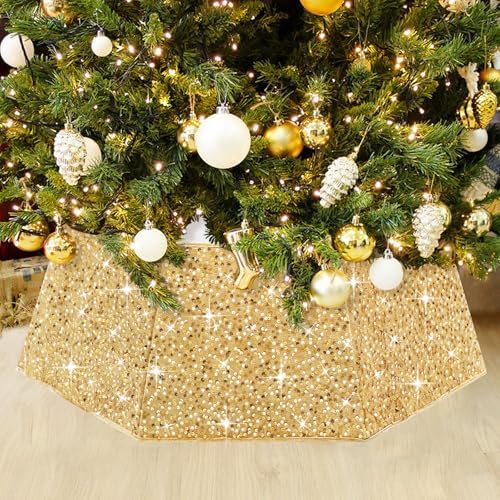 Gold Tree Collar for 9 ft Tree 31.49 Inch Shimmer Christmas Tree Ring Velvet Tree Skirt Cover for Xmas Pencil Tree Holiday Decor by LJIE-House