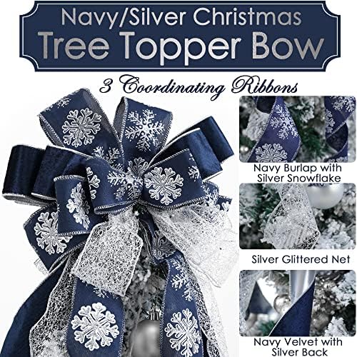 MEEDEE Navy Blue Tree Topper Navy Blue Christmas Tree Topper Bow 12 inch Wide Navy Blue Silver Glitter Yule Tree Wreath Bow Christmas Decorations Silver Snowflake Garland Bow Holiday Lantern (1 Pack) - Image 2