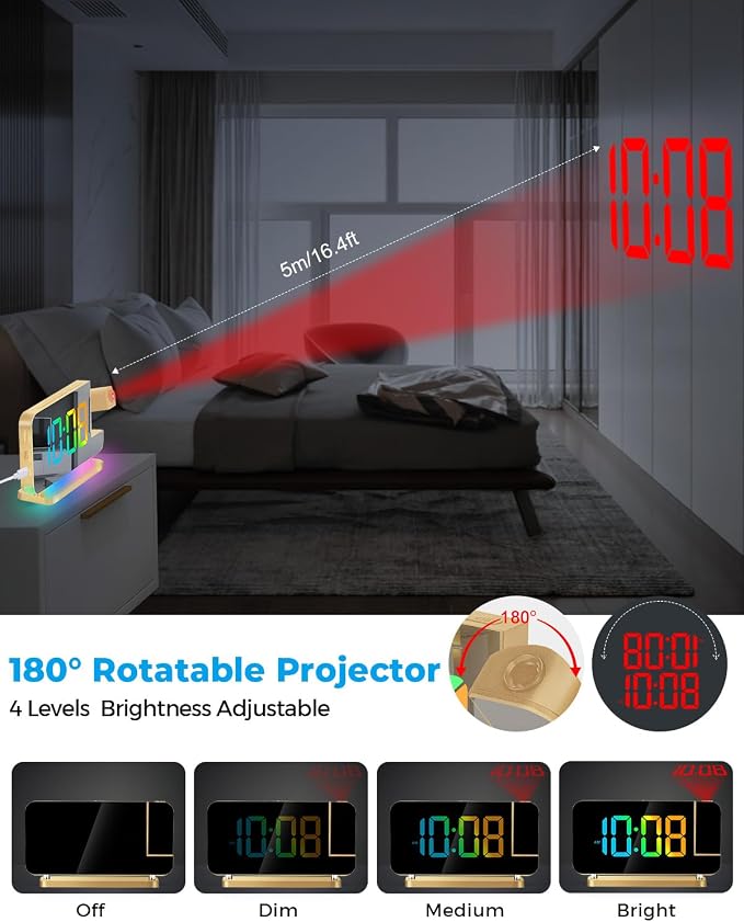SZELAM Projection Alarm Clock, 7.4 in Digital Mirror Clocks,with 180° Rotatable Projector, RGB Night Light,USB C Charger Port, Auto Dimmer, LED Desk Clock for Bedroom - Image 5