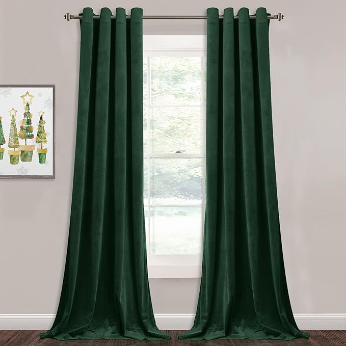 StangH Dark Green Velvet Curtains 108 - Extra Long Grommet Blackout Sliding Door Curtain Panels Privacy Assured Room Divider Curtains for Temporary Office/Shared Space, W52 x L108, 2 Panels