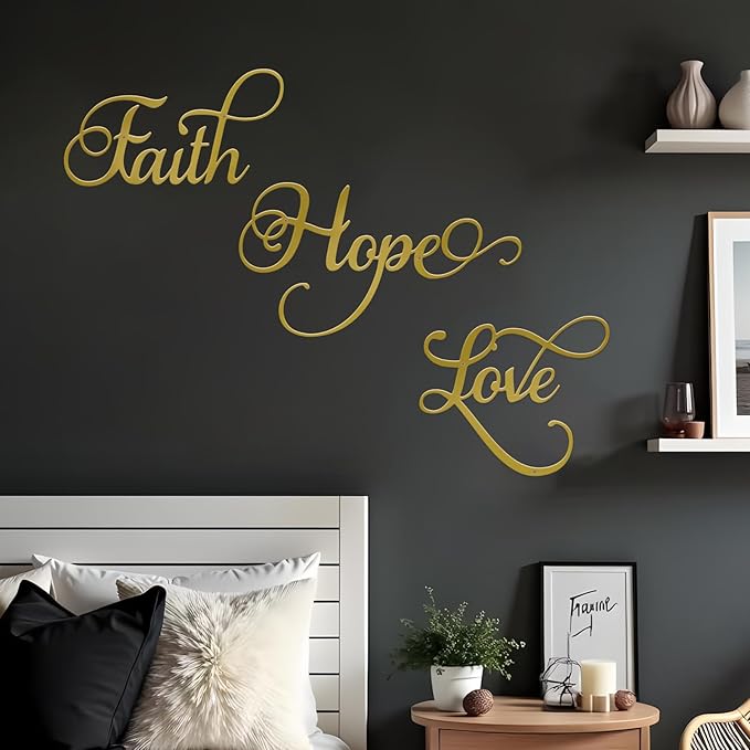 ESTART Faith Hope Love 3 Pieces Metal Wall Decor Inspirational Black Letter Sign Wall Art Rustic Vintage Farmhouse Word Metal Sign Family Wall Decor for Home Bedroom Living Room