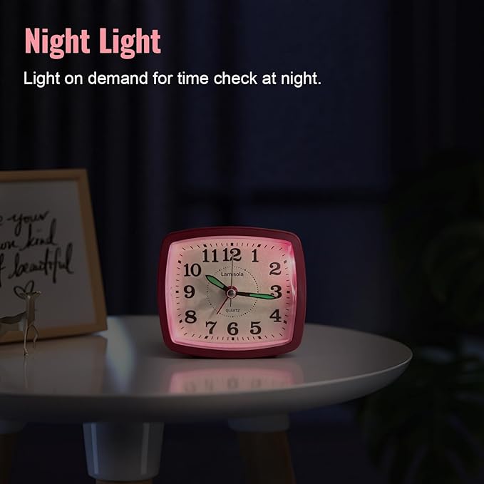 Battery Analog Travel Alarm Clock, Small Clock for Bedroom, Desk Table Shelf Clocks for Room Office Bathroom Vanity, Aesthetic Retro Clocks for Kids Girls, Pink