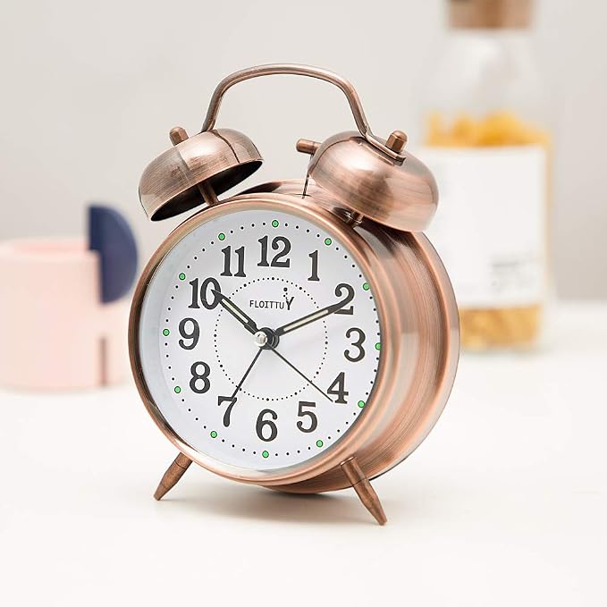 FLOITTUY {Loud Alarm for Deep Sleepers) 4'' Twin Bell Alarm Clock with Backlight for Bedroom and Home Decoration(Red-Brown) - Image 2
