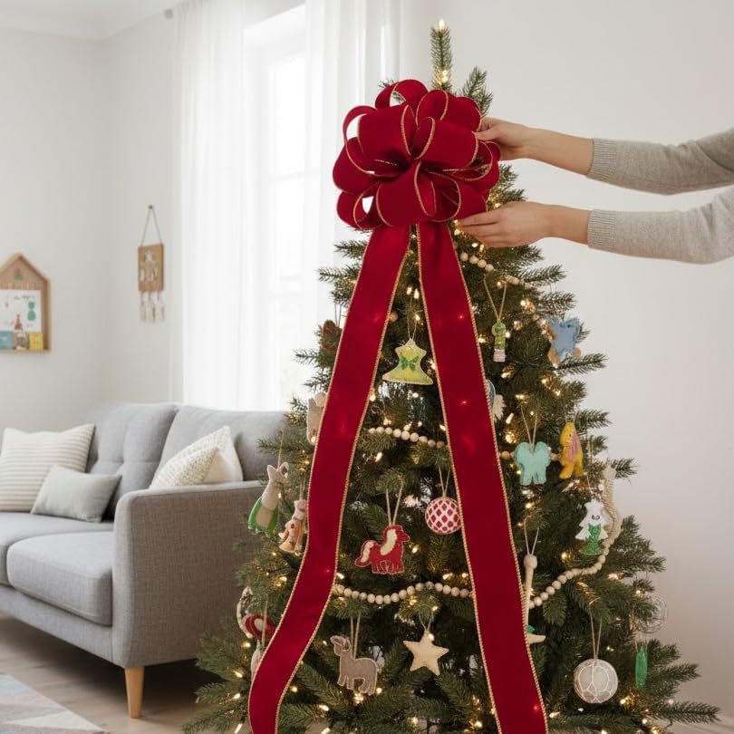 Christmas Tree Topper Bow - Bow: 11" sq. - Tails: 3 Yards Long Each - Velvet Red - Image 3