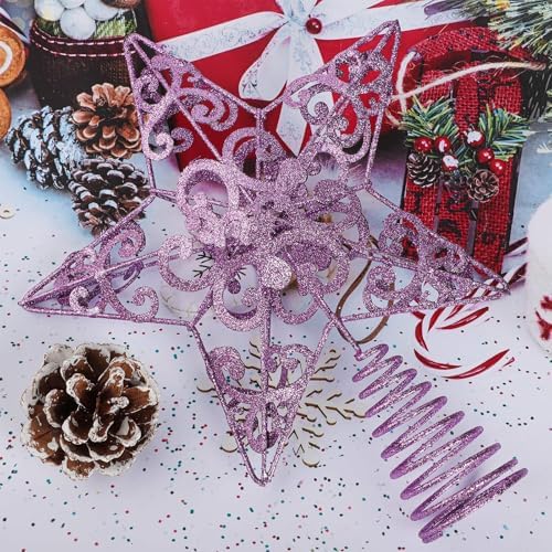 Aneco 10 Inches Christmas Tree Topper Star Metal Glittered Star Treetop Decoration Hollow-Out Star Topper Decoration for Christmas Home Decor, Purple - Image 6