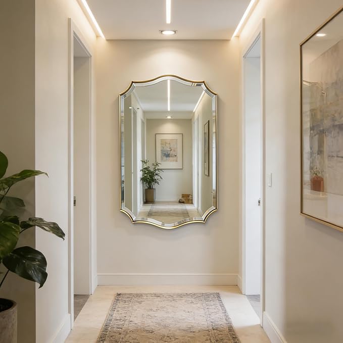 POZINO Scalloped Beveled Mirror, 24"x40" Brushed Gold Bathroom Vanity Mirrors for Over Sink, Modern Wavy Rectangle Wall Mirror for Living Room Bedroom Entryway, Horizontal or Vertical Hanging