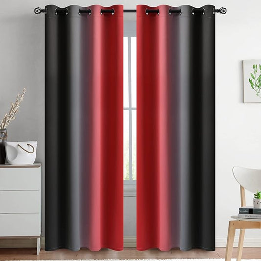 Yakamok Blackout Ombre Red and Black Curtains for Bedroom, Gradient Room Darkening Curtains, Grommet Thermal Insulated Light Blocking Window Drapes/Curtain for Living Room,52 x 84 Inch,2 Panels