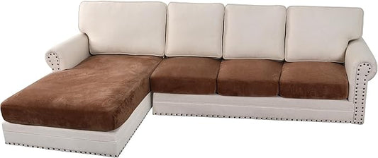 H.VERSAILTEX Velvet Stretch Sectional Couch Covers 4 Pieces Sofa Seat Cushion Covers L Shape Separate Cushion Couch Chaise Cover for Both Left/Right Couch(Large Sofa 3 Seater + 1 Chaise, Caramel Cafe)