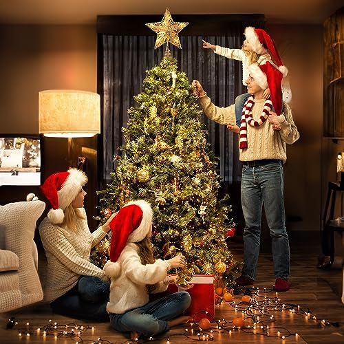 Christmas Star Tree Topper, Plug in 3D Star Tree Topper, 11”Golden Glittered Metal Hollow Designed Built-in 10 Bulbs String Lights for Christmas Tree Decorations - Image 2