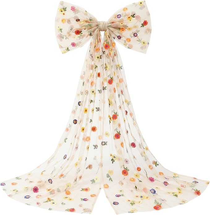 Canlierr Extra Large Embroidery Floral Tulle Bow Decorations 39 x 59 Inch Giant Champagne Organza Bow with Tie and Long Ribbon Tails for Spring Wedding Backdrop Coquette Room Wall Decoration
