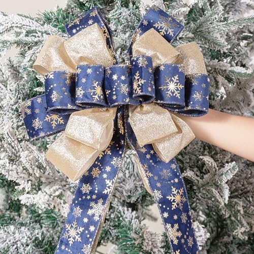 Christmas Tree Topper, 40x13 Inches Toppers Bow with Glitter Satin Mesh Streamer and Patterned Ribbon, Christmas Tree Topper Bow for Christmas Home Decoration (Blue Golden) - Image 4