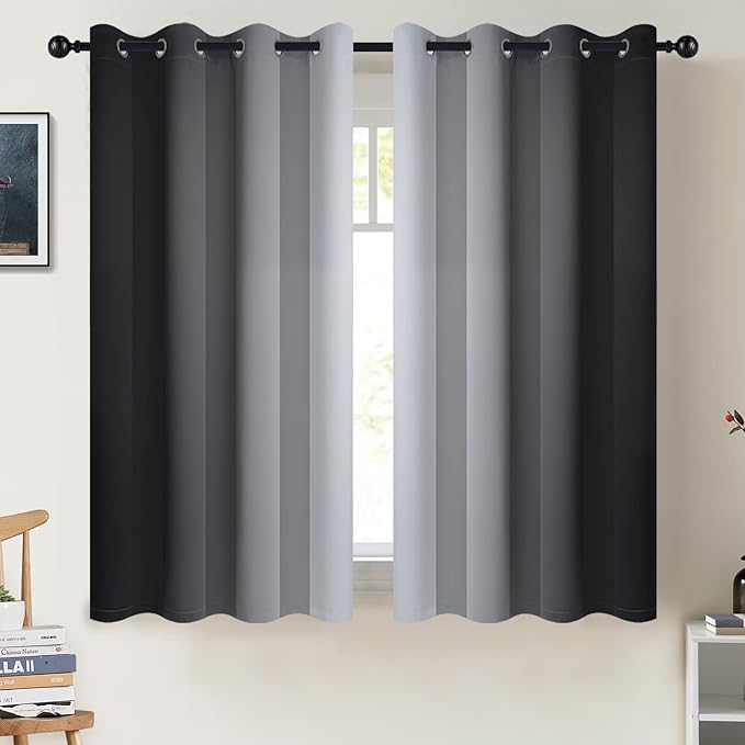 COSVIYA Curtains & Drapes Ombre Room Darkening Curtains, Grommet Black and Greyish White Light Blocking Insulated Thermal Small Window Panels for Bedroom/Living Room,2 Panels,52x54 inches