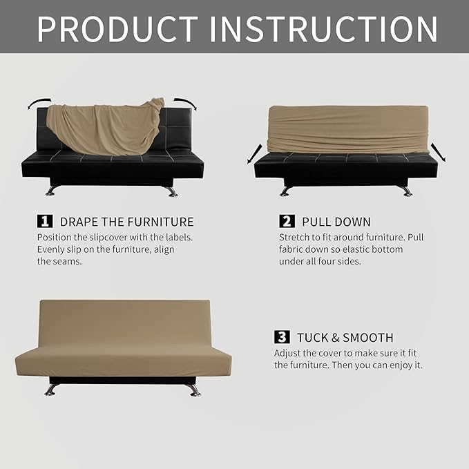 Easy-Going Stretch Futon Slipcover Armless Futon Bed Cover Furniture Protector Without Armrests with Elastic Bottom for Kids, Soft Jacquard Fabric Small Checks (Medium, Tan)