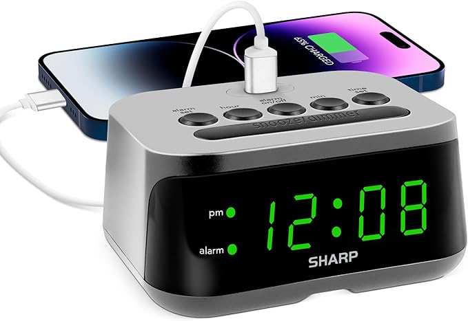Sharp Digital Alarm Clock with Super Fast USB-C Charge Port & Green LED Display by SHARP