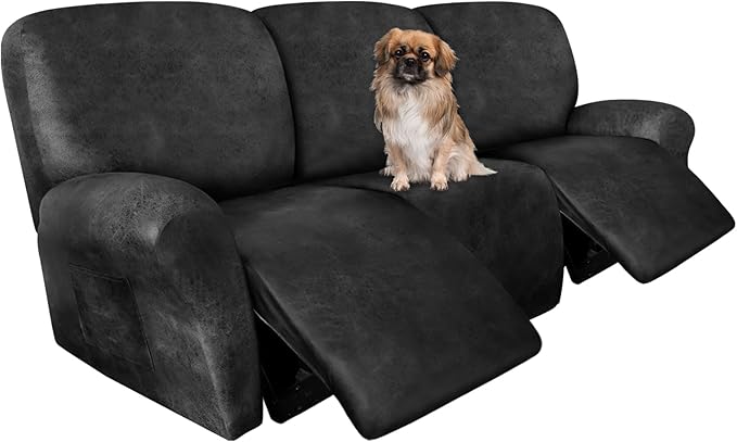 ANARACHON Recliner Couch Cover Leather Look Recliner Sofa Covers for 3 Cushion Reclining Sofa Slipcovers 8-Pieces Furniture Protector Spandex Fabric Washable (3 Seater, 02 Dark Gray)