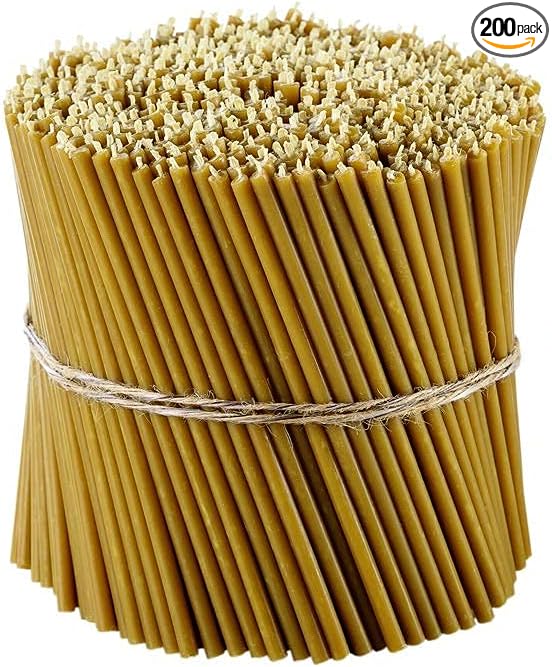 Danilovo Pure Beeswax Candles - Honey-Scented, Decorative Thin Taper Candles - Ideal for Birthday Decoration or Church Prayers - Drip Free, Tall & Smokeless Pack of 200 pcs, 6.5 x 0.22 inch