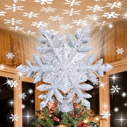 YIJXPOIN Christmas Tree Topper Lighted, Christmas Star Tree Topper LED Rotating Lights, 3D Silver Snowflake Star Tree Top Glitter Projector for Indoor Xmas Party Holiday Decorations by Unknown