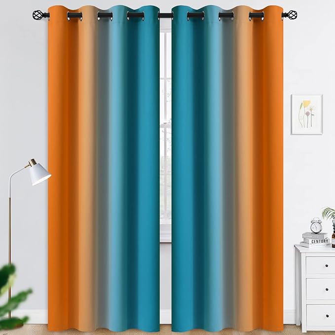 COSVIYA Grommet Ombre Room Darkening Curtains 96 inches Long for Living Room, Polyester Light Blocking Orange and Blue Gradient Window Drapes/Curtains for Kids/Girls Bedroom, 2 Panels, 52x96 inches