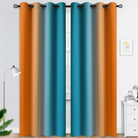 COSVIYA Grommet Ombre Room Darkening Curtains 84 inches Length for Living Room, Polyester Light Blocking Orange and Blue Gradient Window Drapes/Curtains for Kids/Girls Bedroom, 2 Panels, 52x84inches