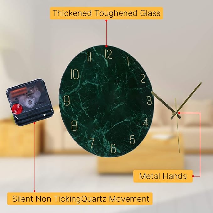 VIKMARI Glass Wall Clock Silent Non Ticking Wall Clock- 12 Inch Quality Quartz Battery Operated Round Easy to Read Home/Office/Classroom/School Clock (Dark Green)