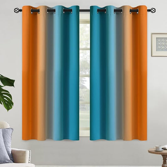 Yakamok Orange and Blue Blackout Curtains, Ombre Full Room Darkening Window Curtains for Living Room,Grommet Thermal Insulated Drapes,Light Blocking Curtains for Girls Bedroom,52x54 Inch, 2 Panels
