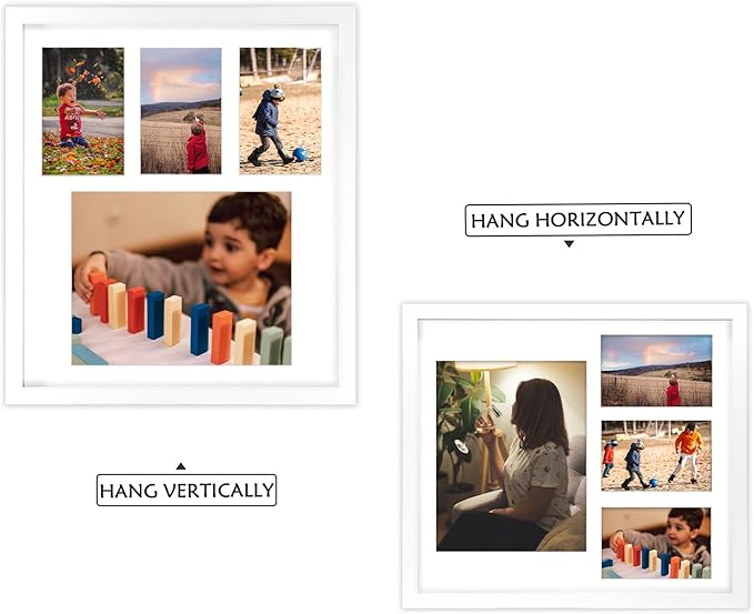 Golden State Art, 14x16 White Wood Picture Frame - White Mat for one 8x10 and Three 4x6 Photos - Tempered Glass, Sawtooth Hanger, Swivel Tabs - Wall Mounting - Great for Gift
