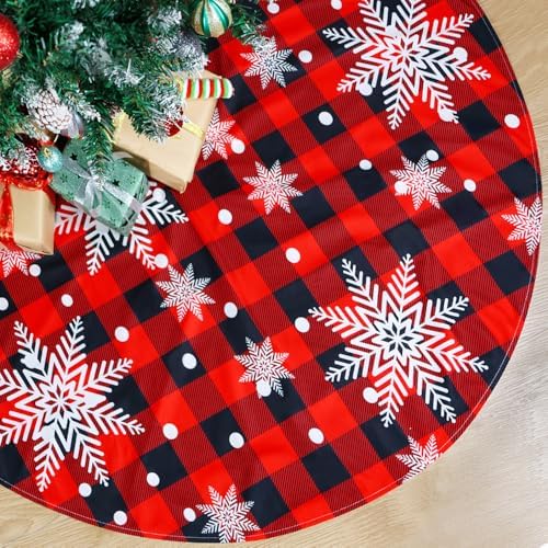 Multiwins Christmas Tree Skirt Red and Black Buffalo Plaid Tree Skirt Snowflake Design, 48 inches Thick Layer Farmhouse Rustic Xmas Tree Skirts for Christmas Decorations and New Year Holiday Party by multiwins