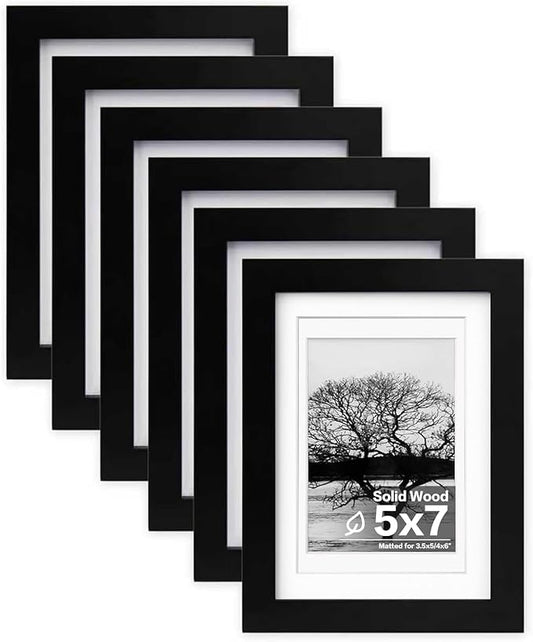 Egofine 5x7 Picture Frames 6 PCS - Made of Solid Wood Covered by Plexiglass Matted for 4x6 and 3.5x5 for Table Top Display and Wall Mounting photo frame Black