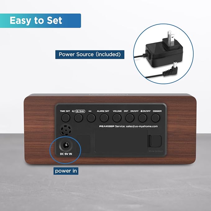 Peakeep Wooden Digital Alarm Clock Large Display, Textured Decoration - Image 7