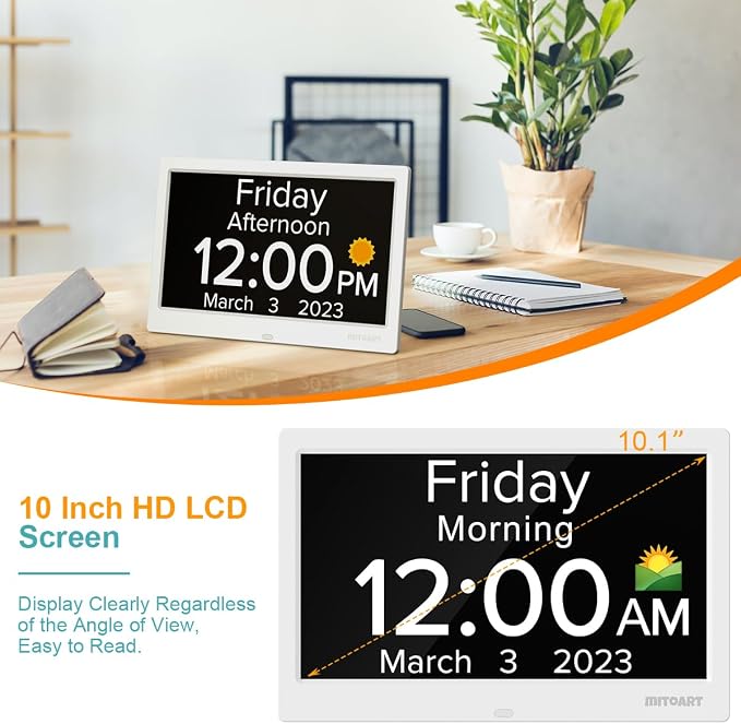 10.1 Inch Digital Alarm Clock with Date and Day of Week for Dementia Seniors, Clear Large Screen, Multiple Alarm Sets, Auto DST, Designed Specifically for Elderly - White - Image 3