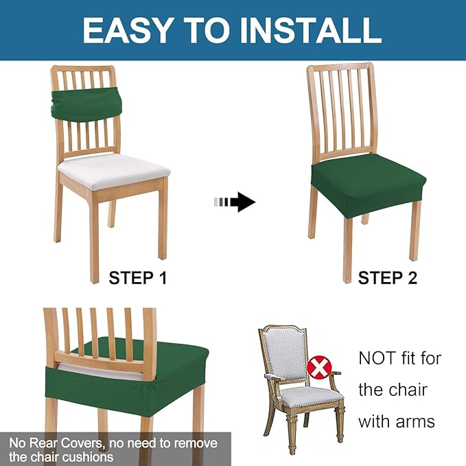 Smiry Waterproof Seat Covers for Dining Room Chairs Set of 6, Stretch Jacquard Removable Washable Chair Seat Slipcovers Protector, No Rear Covers, Emerald Green