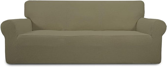 Easy-Going Stretch Oversized Sofa Slipcover 1-Piece Sofa Cover Furniture Protector Couch Soft with Elastic Bottom for Kids, Polyester Spandex Jacquard Fabric Small Checks Khaki