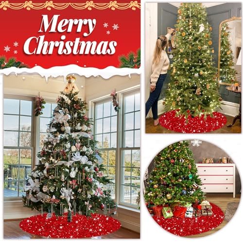 FOTSHARER Red Christmas Tree Skirt 21 Inches Shiny Tabletop Tree Skirt Sequin Tree Skirt Velvet Christmas Tree Skirt Mini for Holiday Decorations Glitter Sequins Tree Skirts New Year Decoration - Image 2