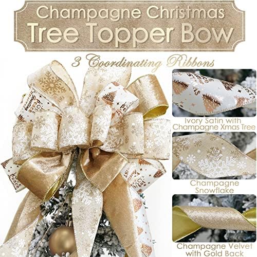 MEEDEE Champagne Christmas Tree Topper - 12" Wide Velvet Champagne & Gold Bows (1 Pack) - Image 2