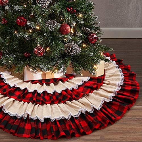 yuboo Burlap Buffalo Plaid Christmas Tree Skirt 48 inches, Red Farmhouse 6-Layer Ruffle Tree Skit with Lace Border for 5-7 FT Trees, Fall Thanksgiving Christmas Decorations - Image 5