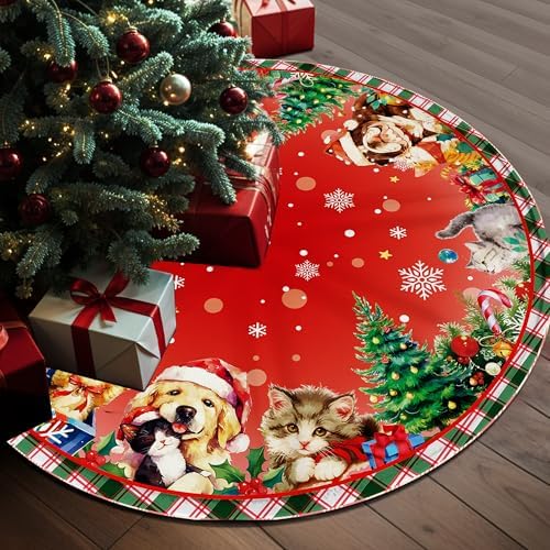 48 Inch Christmas Tree Skirt with Cats and Dogs, Christmas Soft Farmhouse Holiday Xmas Trees Decoration, Red Tree Skirt Indoor Outdoor, Christmas Tree Skirt Decoration - Image 6