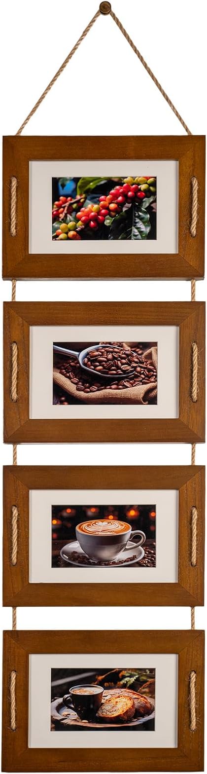 DLQuarts 5x7 Hanging Collage Picture Frames Wall Decor, 4-Opening 5x7 Matted to 3.5x5 Photo Rustic Wood Frame with Hemp Rope, 1 Pack, Dark Walnut